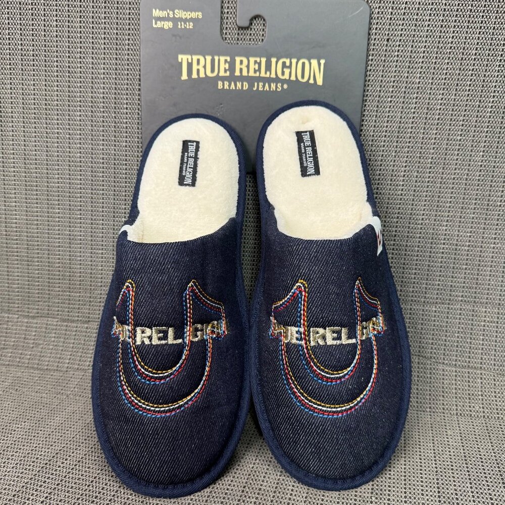 True Religion Mens Large 11-12 Denim House Slippers Cozy Sherpa Lining Flat Back